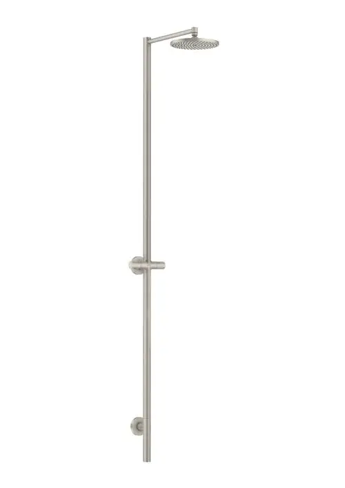 Duschsäule aus Edelstahl mit fest montierter Kopfbrause. Entwurf von AXOR, schlichtes Design ohne Handbrause. Montiert an der Wand, vertikale Anordnung.